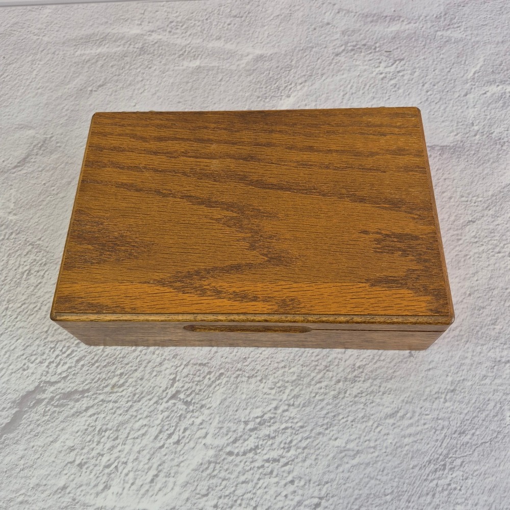 Vintage Wooden Jewelry Box Hinged Lid Gold Tone Hardware Brown Velvet Lining